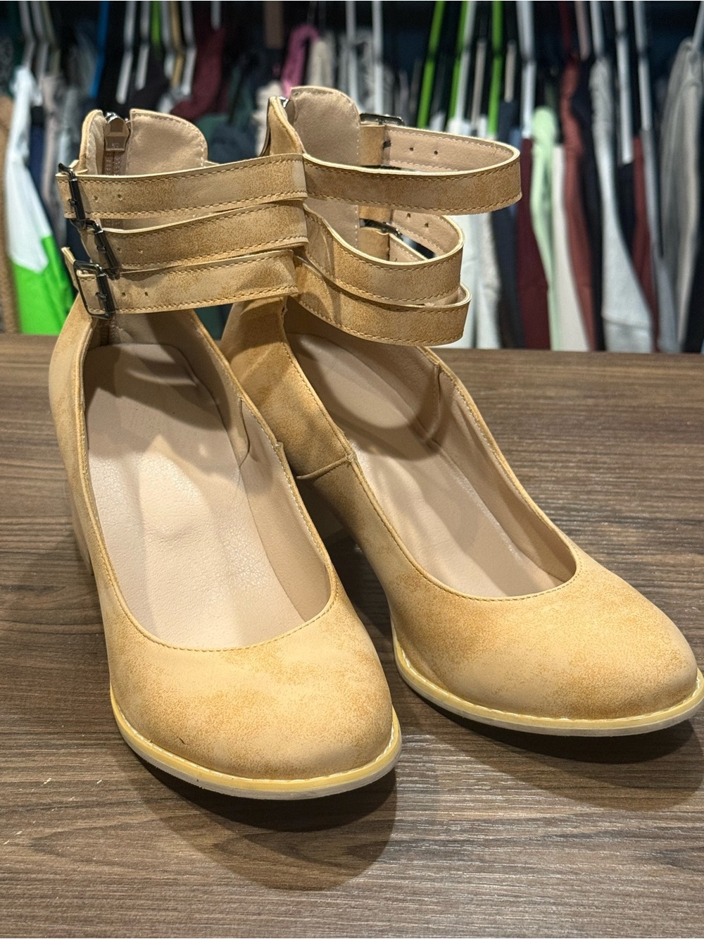 Women's Ankle-Strap Block Heel Pumps in Tan
